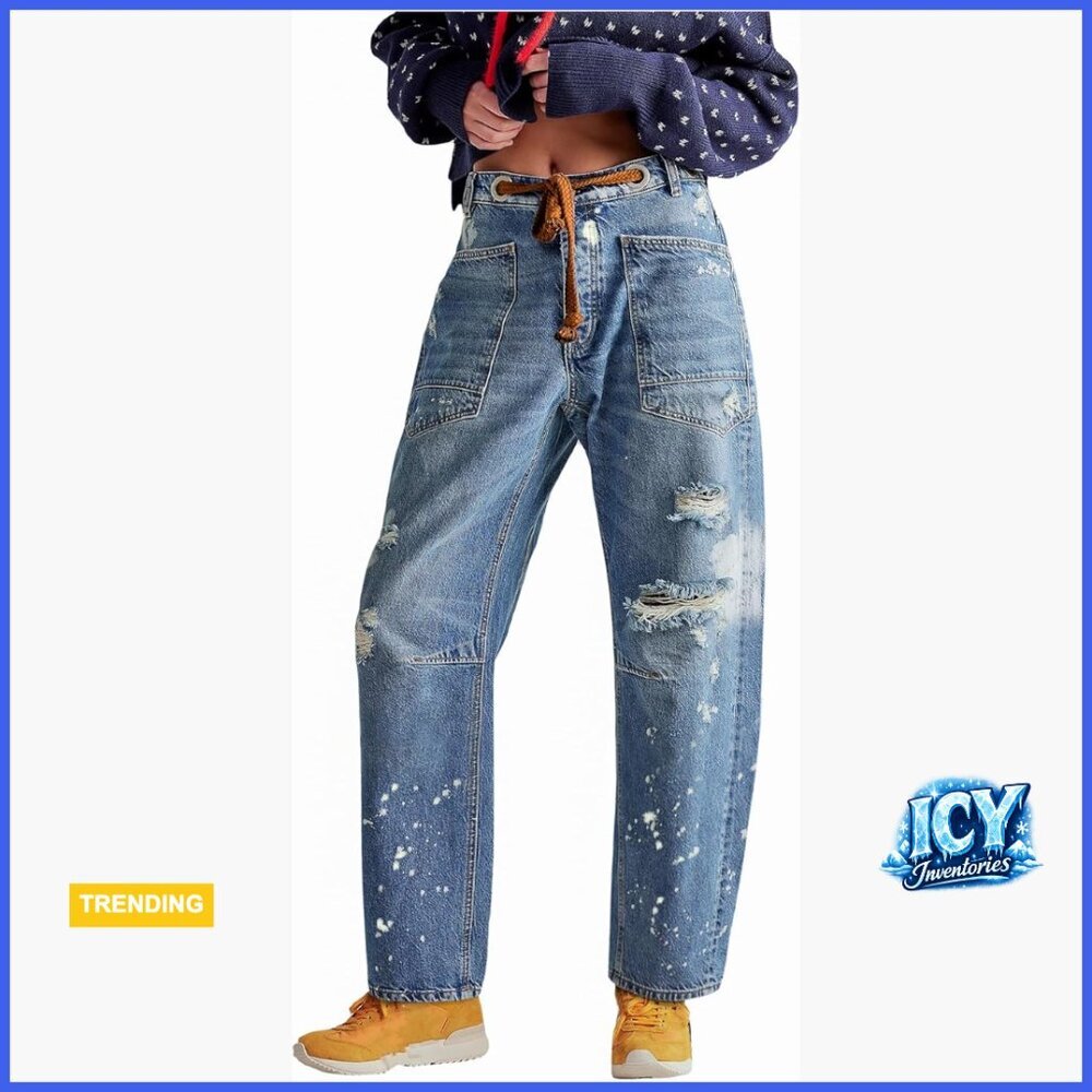 Wide Leg Barrel Jeans Mid Rise Boyfriend Denim Pants